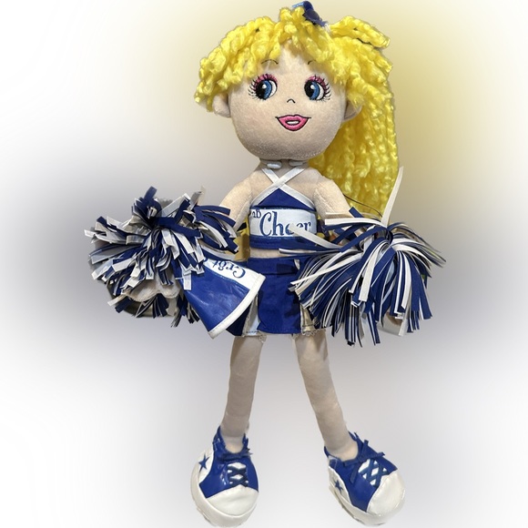 VTG FRIENDS 2b BLONDE SOFT DOLL POM POMS MEGAPHONE BUILD A BEAR BLUE - Picture 2 of 7